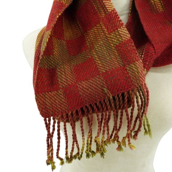 Nynke Red Gold Plaid Knit Scarf with Fringe - Picture 5 of 7